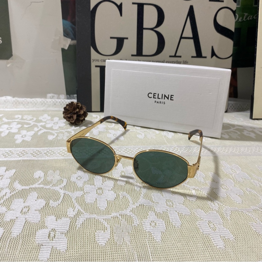 CELINE Gold Frame Oval Sunglasses with Green Lenses